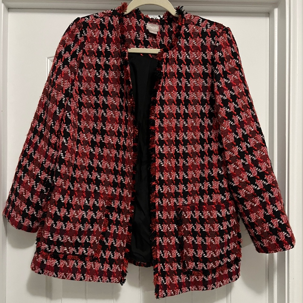 Chico’s Red Black Tweed Houndstooth Fringe Jacket Blazer 1P Office Wear Holiday - Picture 3 of 12